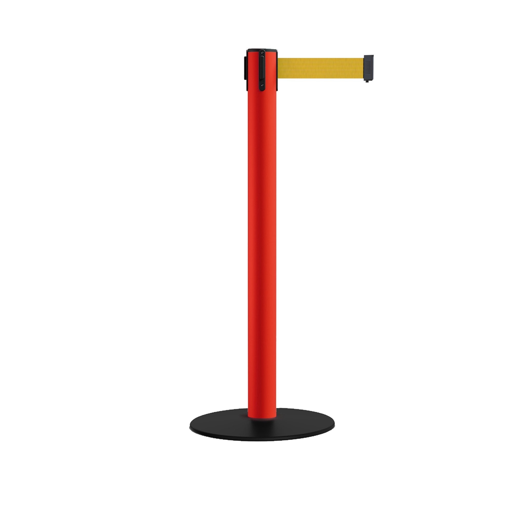 Safety Retractable Belt Barrier Stanchion, Low Profile Steel Base, Red Post, 14 or 16 Ft. Belt - Montour Line MSX650 - Crowd Control Warehouse