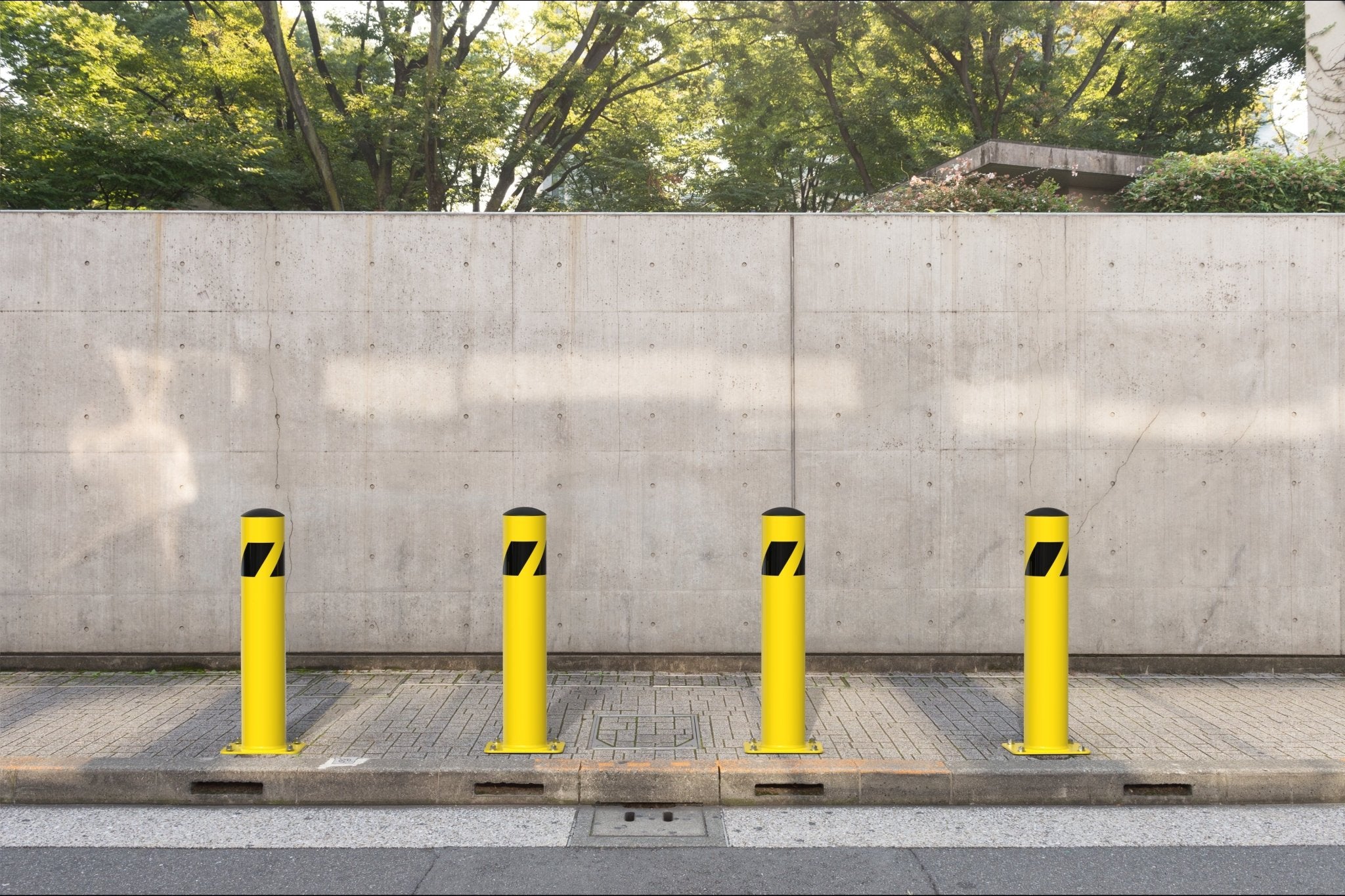 Safety Yellow Steel Bollards, 4.5" Diameter, 24 - 60" Height - Trafford Industrial - Crowd Control Warehouse