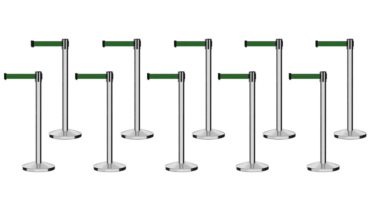 Set of (10) CCW Series Retractable Belt Barriers - 11 Ft. Belts - Crowd Control Warehouse