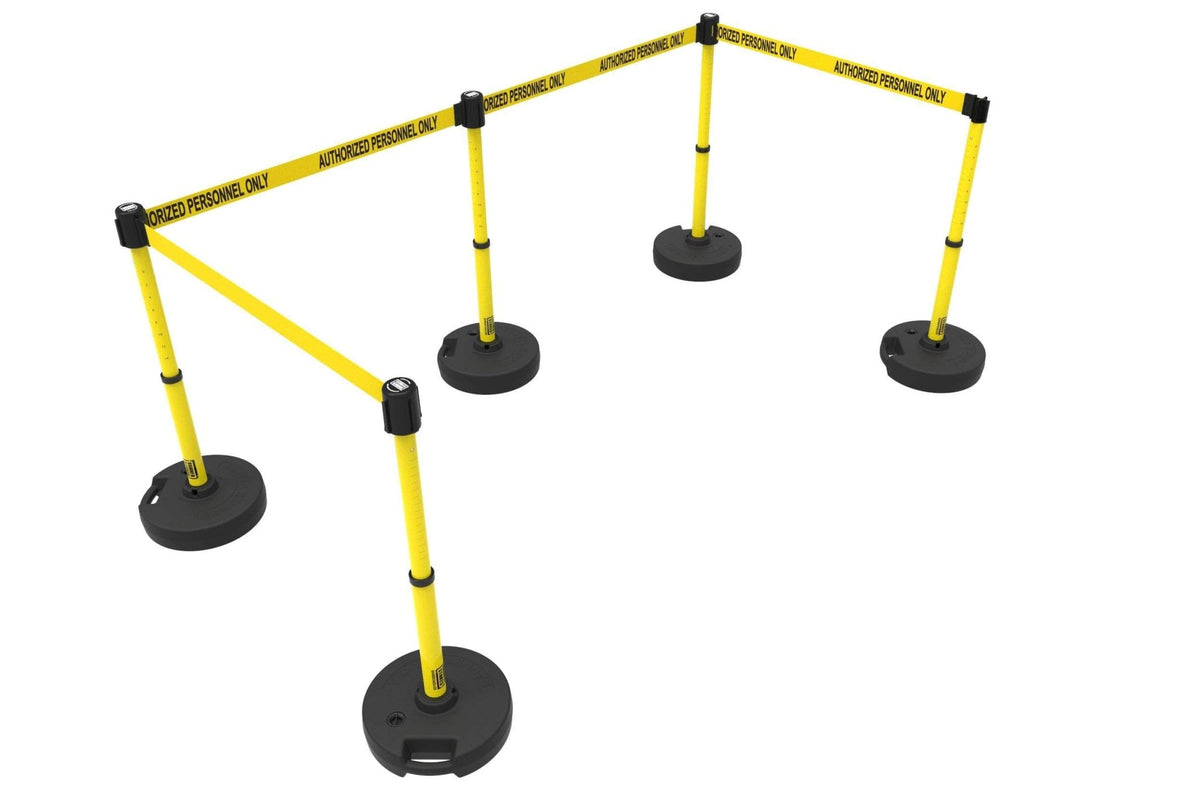Set of 5 Banner Stakes PLUS Line Stanchions with 15 ft Belt Head, Stake, and Base - Crowd Control Warehouse
