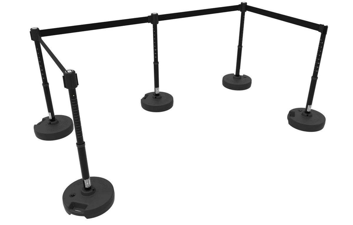 Set of 5 Banner Stakes PLUS Line Stanchions with 15 ft Belt Head, Stake, and Base - Crowd Control Warehouse