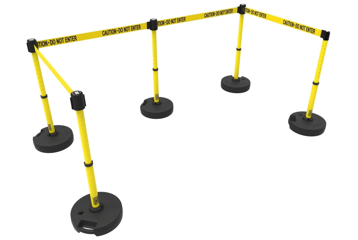 Set of 5 Banner Stakes PLUS Line Stanchions with 15 ft Belt Head, Stake, and Base - Crowd Control Warehouse