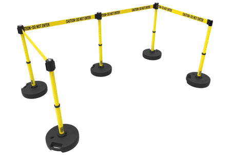 Set of 5 Banner Stakes PLUS Line Stanchions with 15 ft Belt Head, Stake, and Base - Crowd Control Warehouse