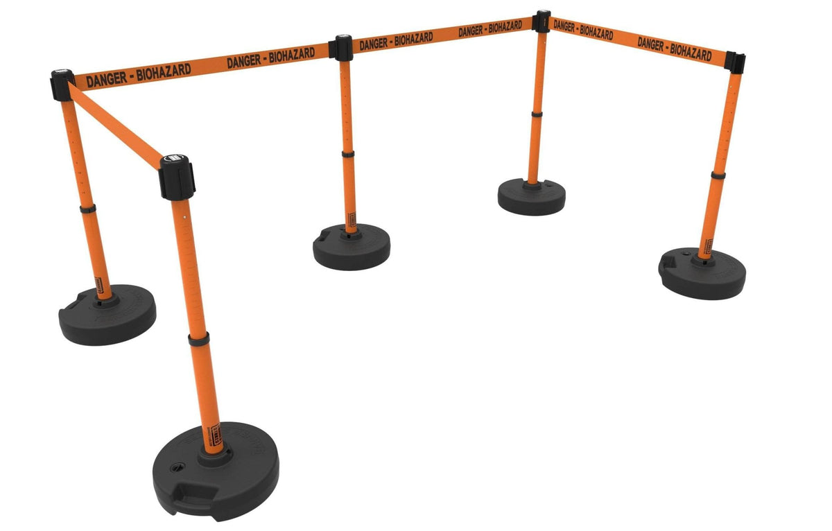 Set of 5 Banner Stakes PLUS Line Stanchions with 15 ft Belt Head, Stake, and Base - Crowd Control Warehouse
