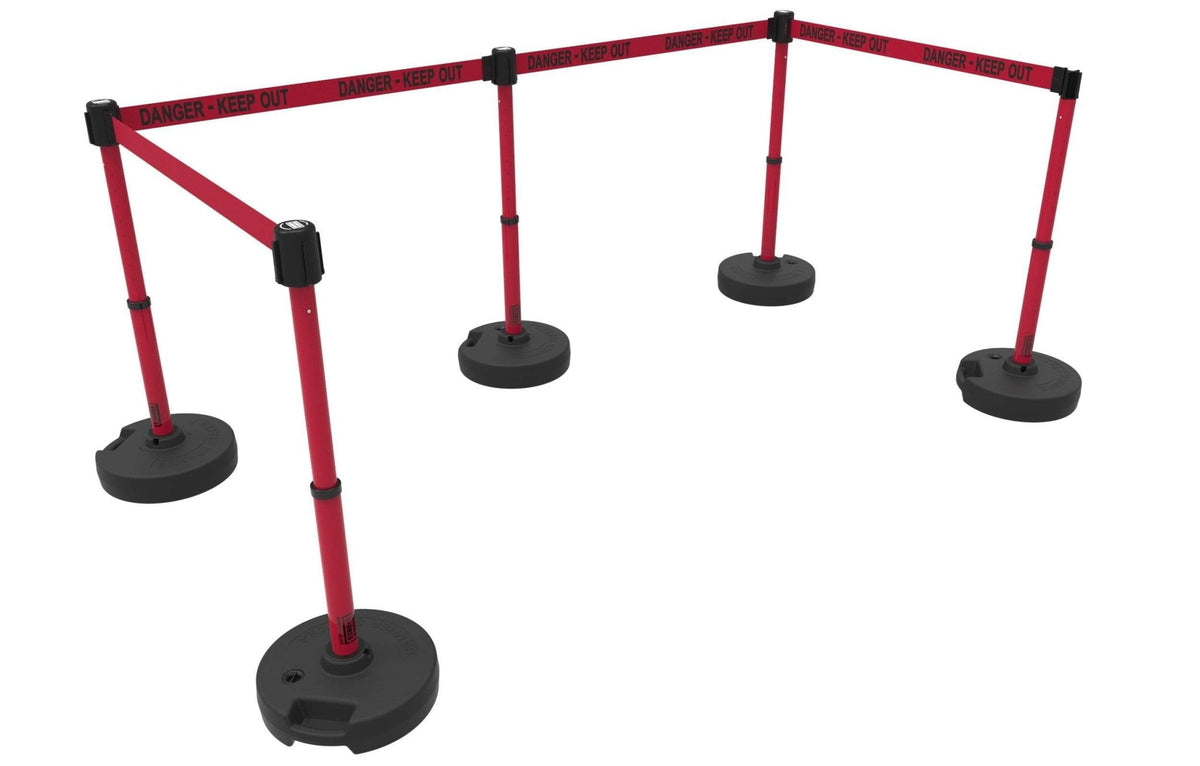 Set of 5 Banner Stakes PLUS Line Stanchions with 15 ft Belt Head, Stake, and Base - Crowd Control Warehouse