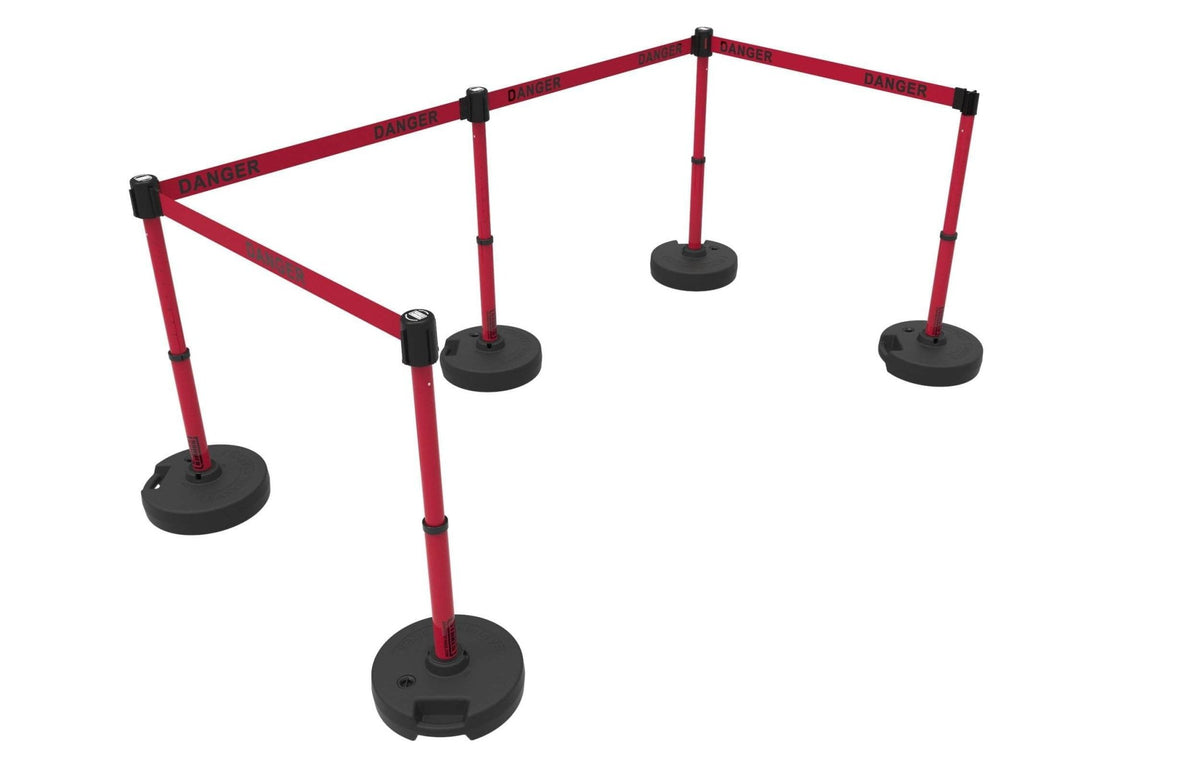 Set of 5 Banner Stakes PLUS Line Stanchions with 15 ft Belt Head, Stake, and Base - Crowd Control Warehouse