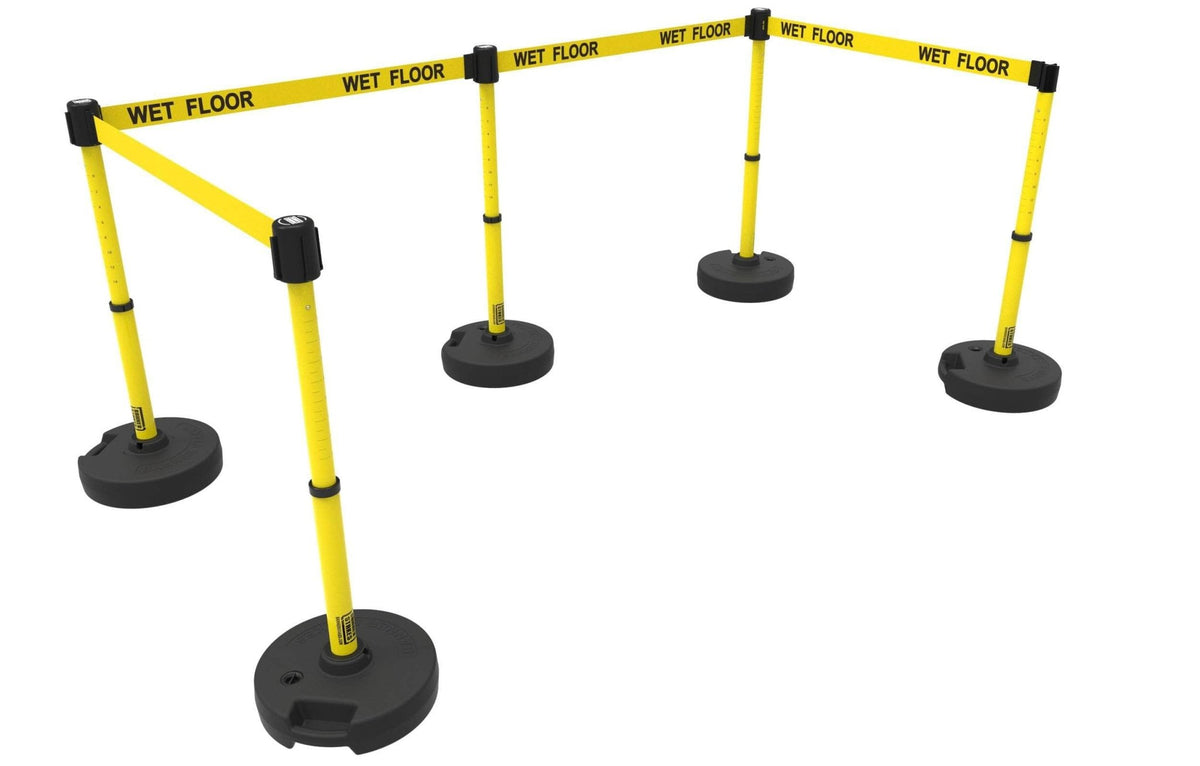 Set of 5 Banner Stakes PLUS Line Stanchions with 15 ft Belt Head, Stake, and Base - Crowd Control Warehouse