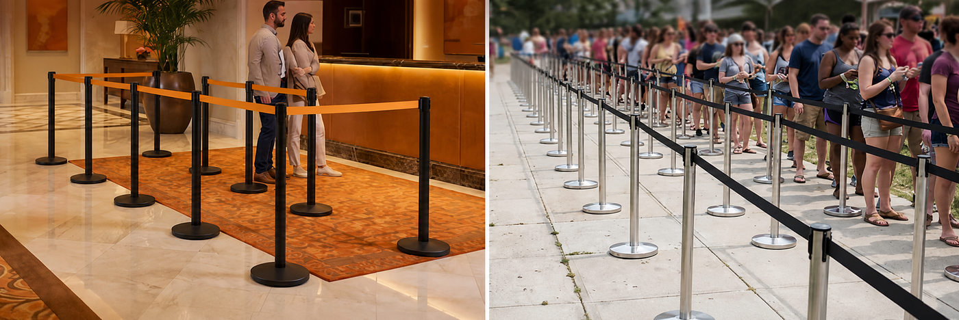 Stanchion Queue Layouts and Capacity Planning for Airports, Retail, and Events