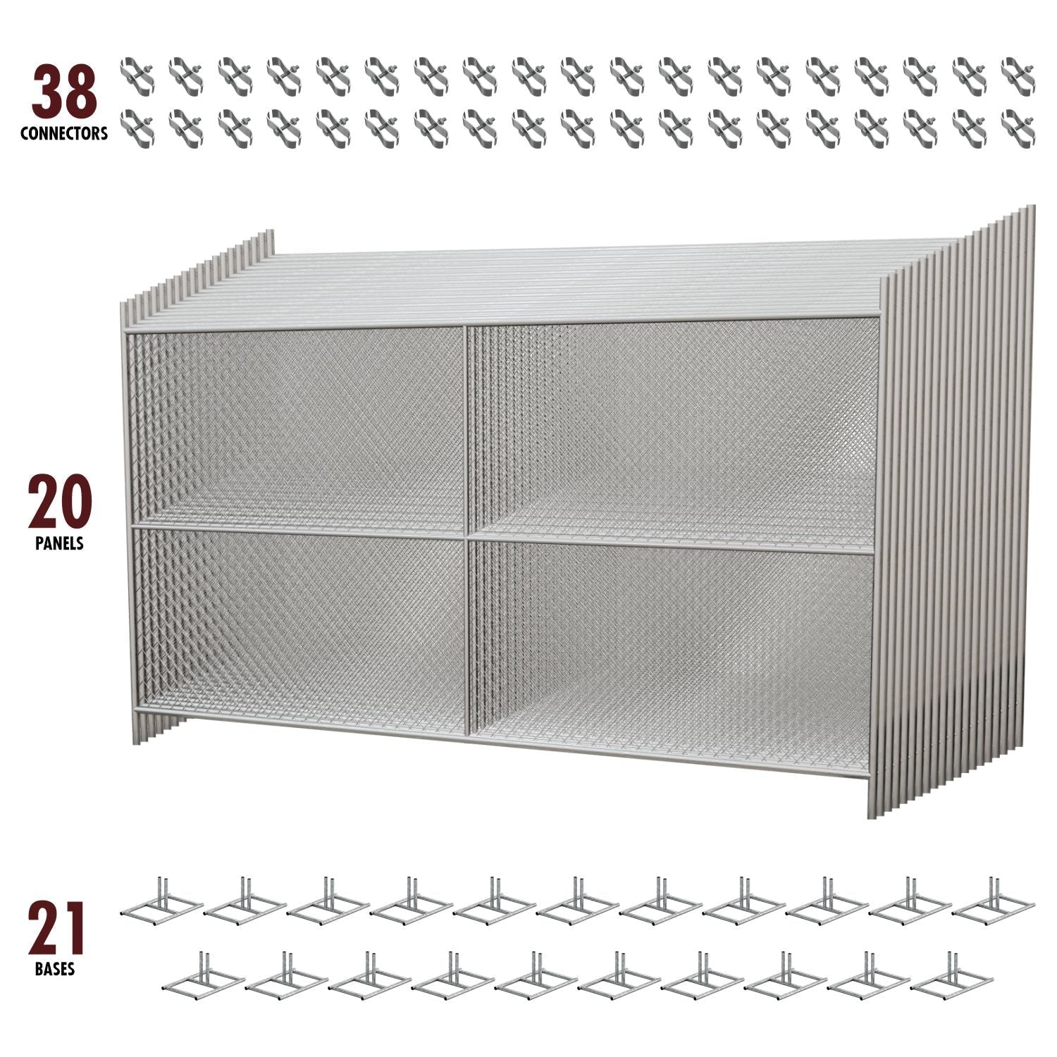 20 - Panel Chain Link Fence Kit - 6 x 10 ft, Cross Braced with Bases & Clamps - Crowd Control Warehouse