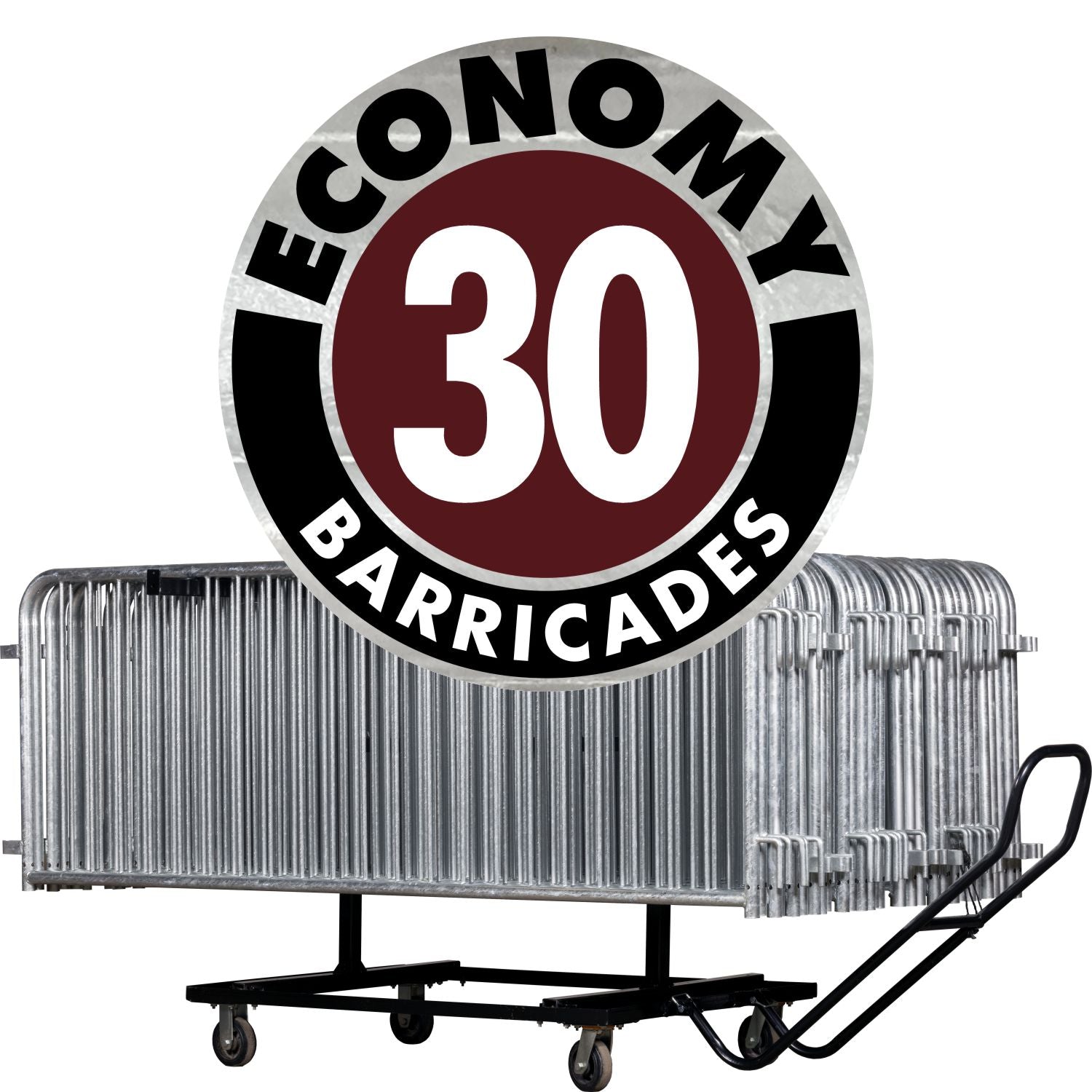 30 Pack - 8.5 Ft Economy Pre - Galvanized Steel Barricades + Storage Cart - Crowd Control Warehouse