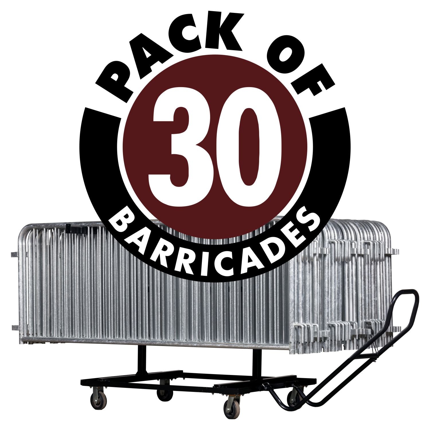 30 Pack - 8.5 Ft Hot - Dipped Galvanized Steel Barricades + Storage Cart - Crowd Control Warehouse