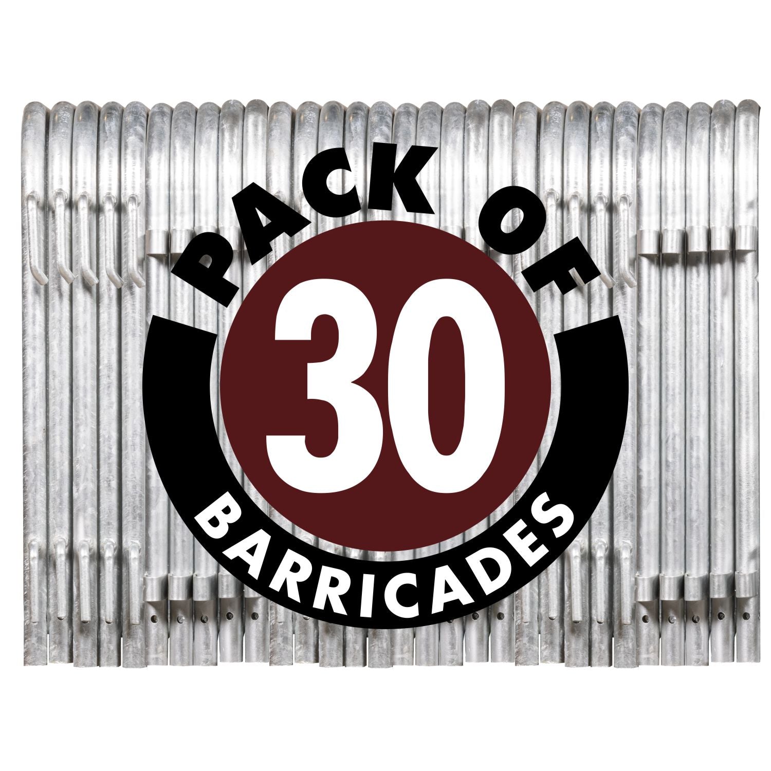 30 Pack - 8.5 Ft Hot - Dipped Galvanized Steel Barricades + Storage Cart - Crowd Control Warehouse