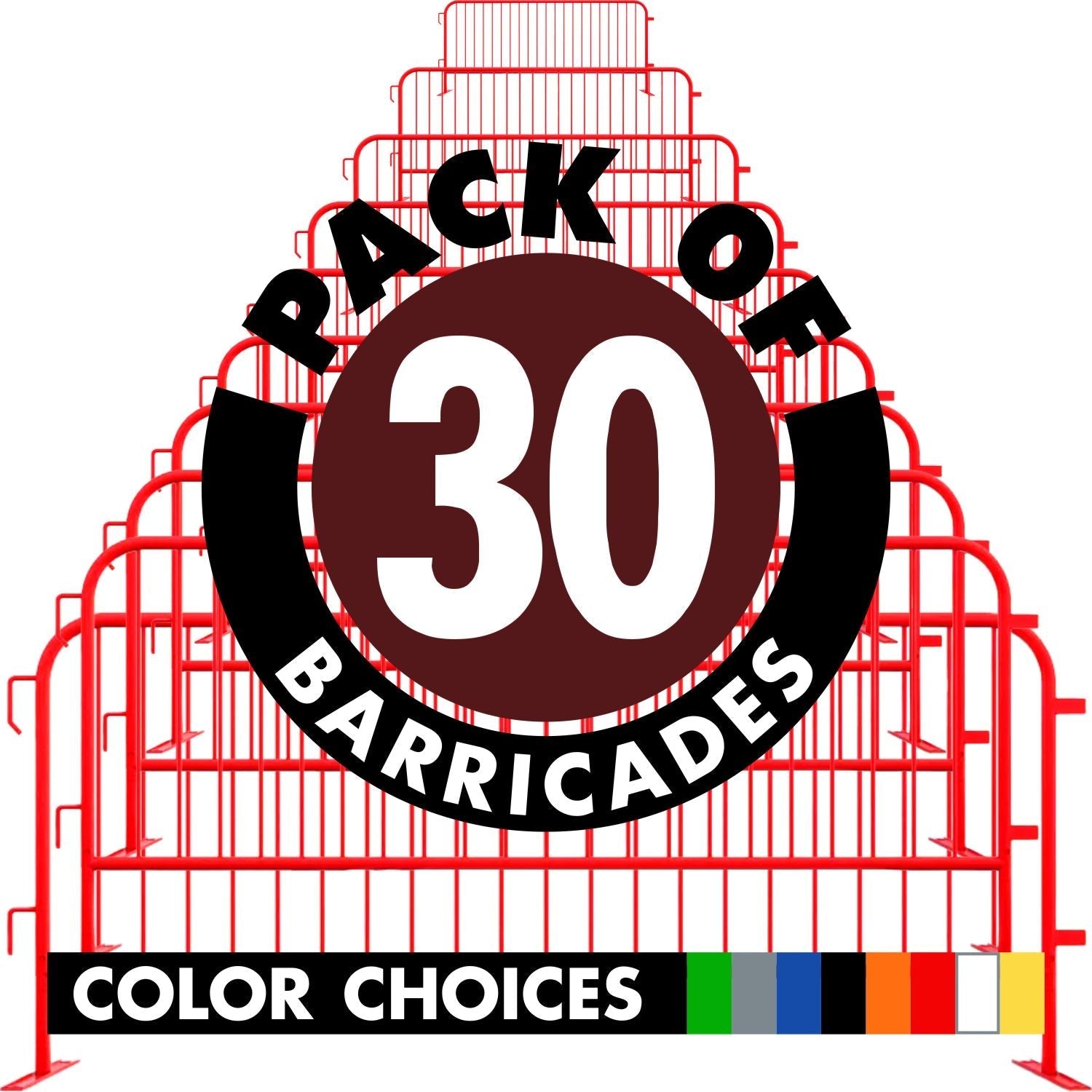 30 Pack - 8.5 Ft Powder - Coated Steel Barricades + Storage Cart - Crowd Control Warehouse