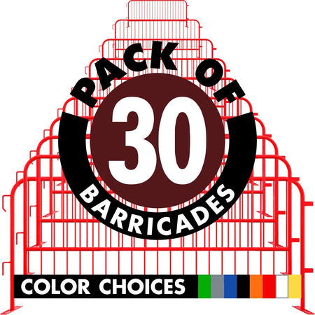 30 Pack - 8.5 Ft Powder - Coated Steel Barricades + Storage Cart - Crowd Control Warehouse