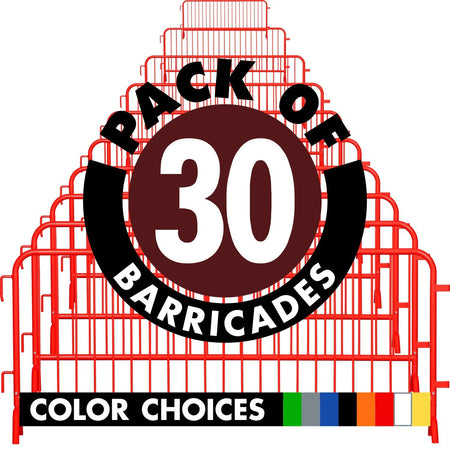 30 Pack - 8.5 Ft Powder - Coated Steel Barricades + Storage Cart - Crowd Control Warehouse