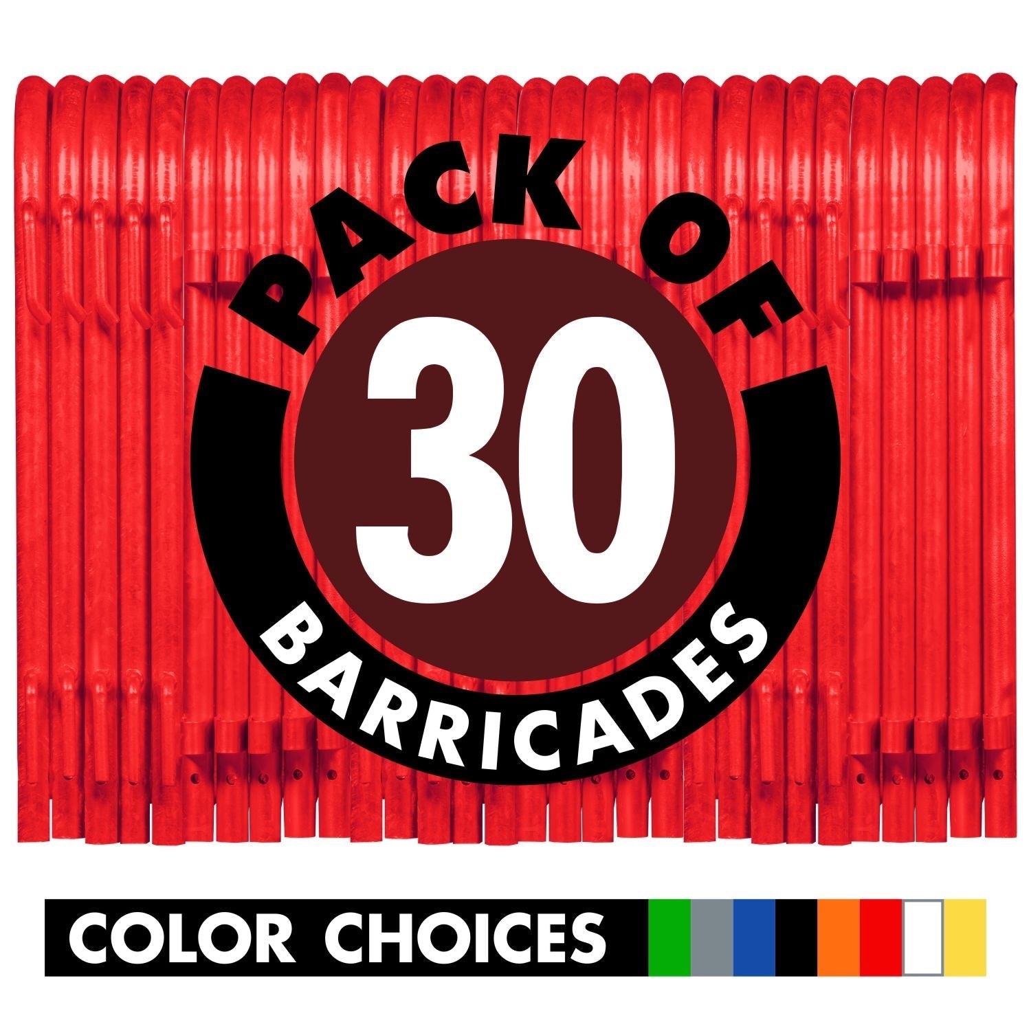 30 Pack - 8.5 Ft Powder - Coated Steel Barricades + Storage Cart - Crowd Control Warehouse