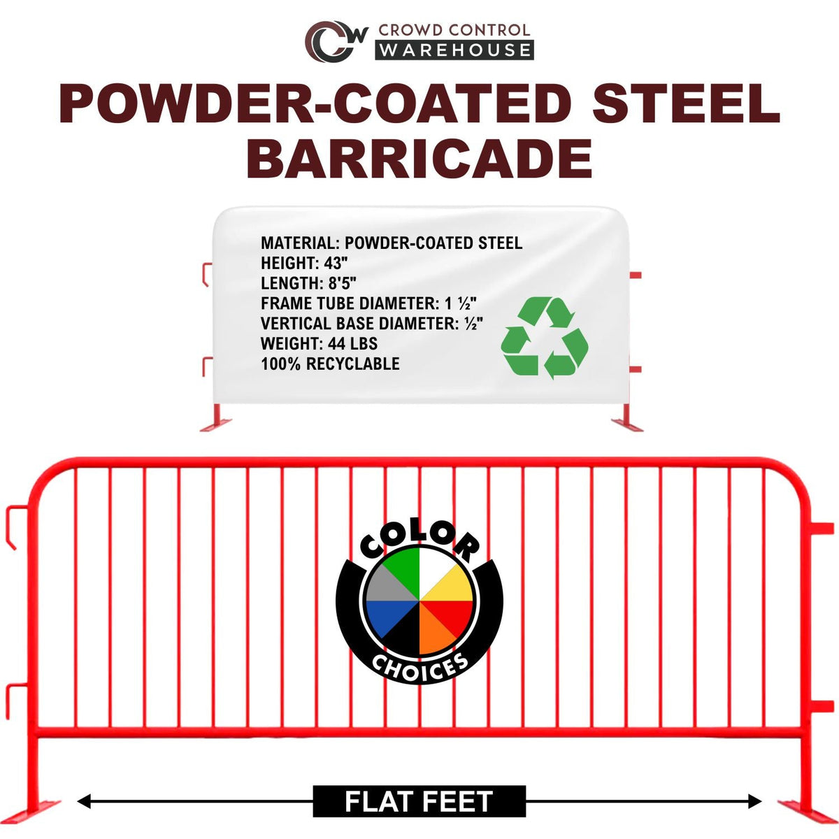 30 Pack - 8.5 Ft Powder - Coated Steel Barricades + Storage Cart - Crowd Control Warehouse