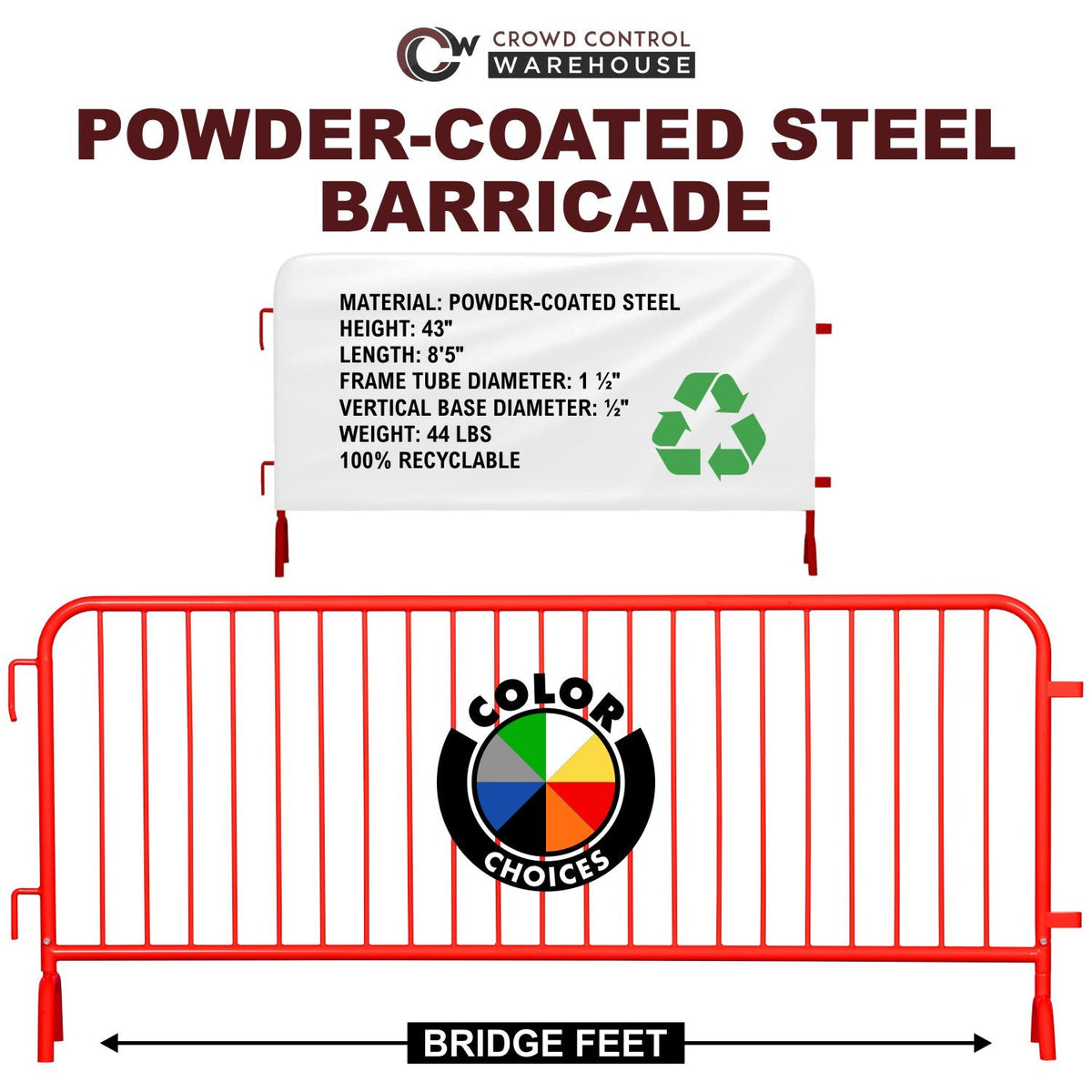 30 Pack - 8.5 Ft Powder - Coated Steel Barricades + Storage Cart - Crowd Control Warehouse