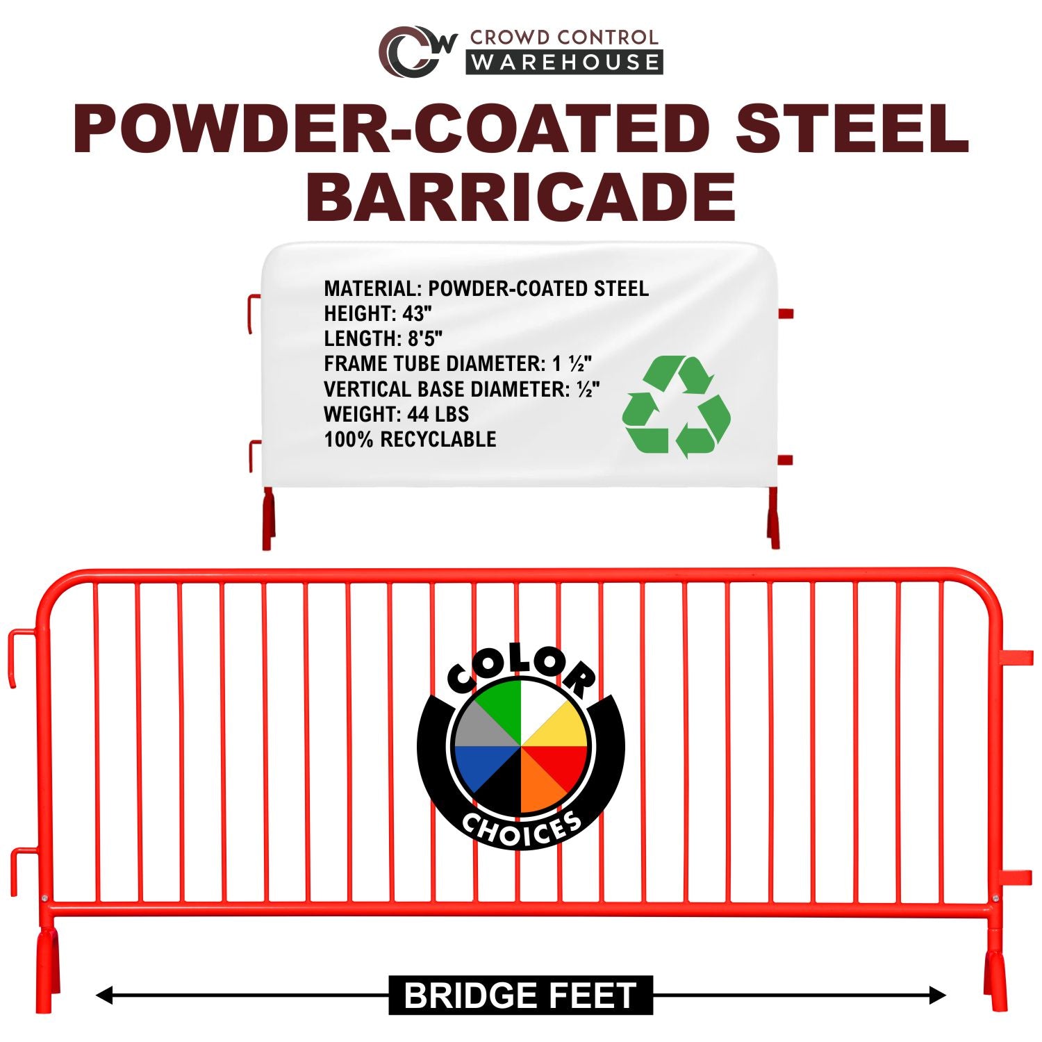 30 Pack - 8.5 Ft Powder - Coated Steel Barricades + Storage Cart - Crowd Control Warehouse