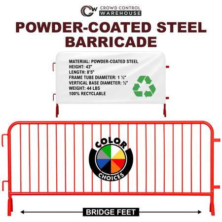 30 Pack - 8.5 Ft Powder - Coated Steel Barricades + Storage Cart - Crowd Control Warehouse