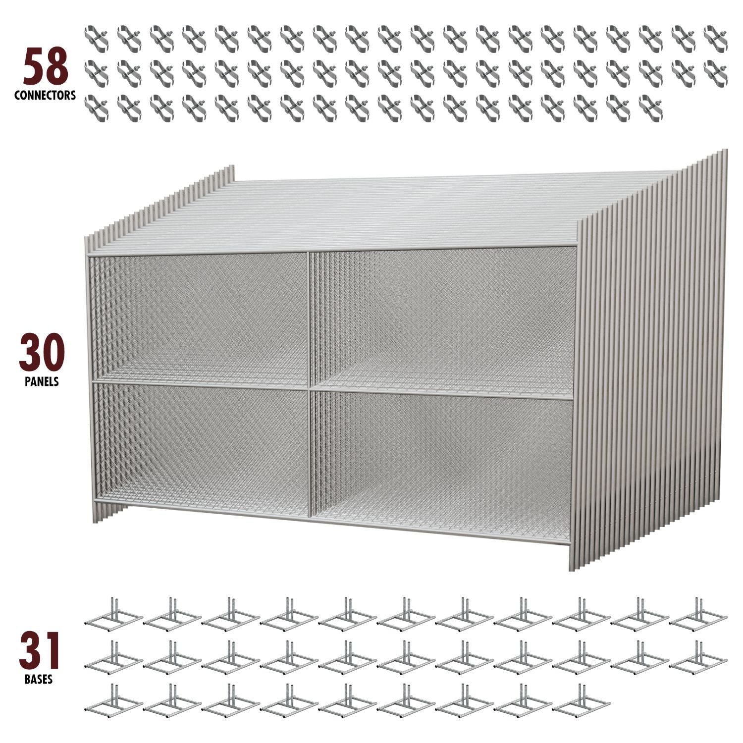30 - Panel Chain Link Fence Kit - 6 x 10 ft, Cross Braced with Bases & Clamps - Crowd Control Warehouse