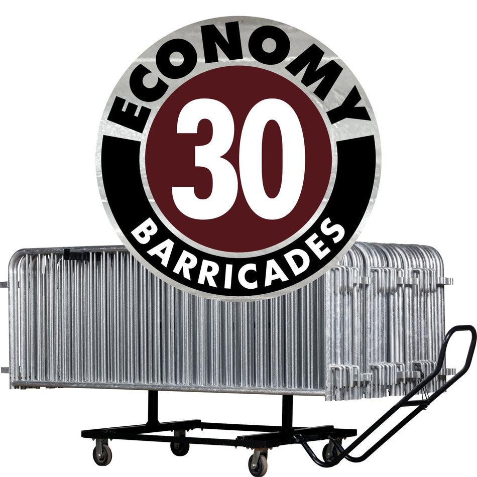 30 Pack - 8.5 Ft Economy Pre-Galvanized Steel Barricades + Storage Cart