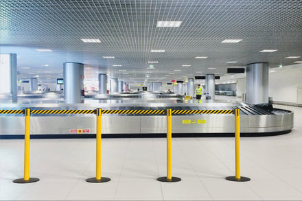 Safety Stanchion Retractable Belt Barriers, Low Profile Steel Base, Yellow Post, 11 Ft. Belt - Montour Line MSX630