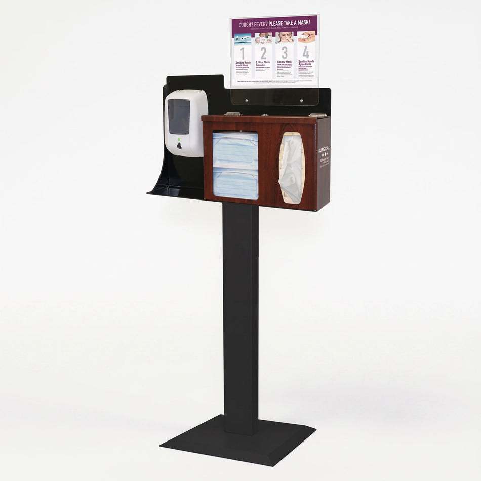Floor Stand Dispenser: Earloop face covers, Facial tissue, and Hand Sanitizer