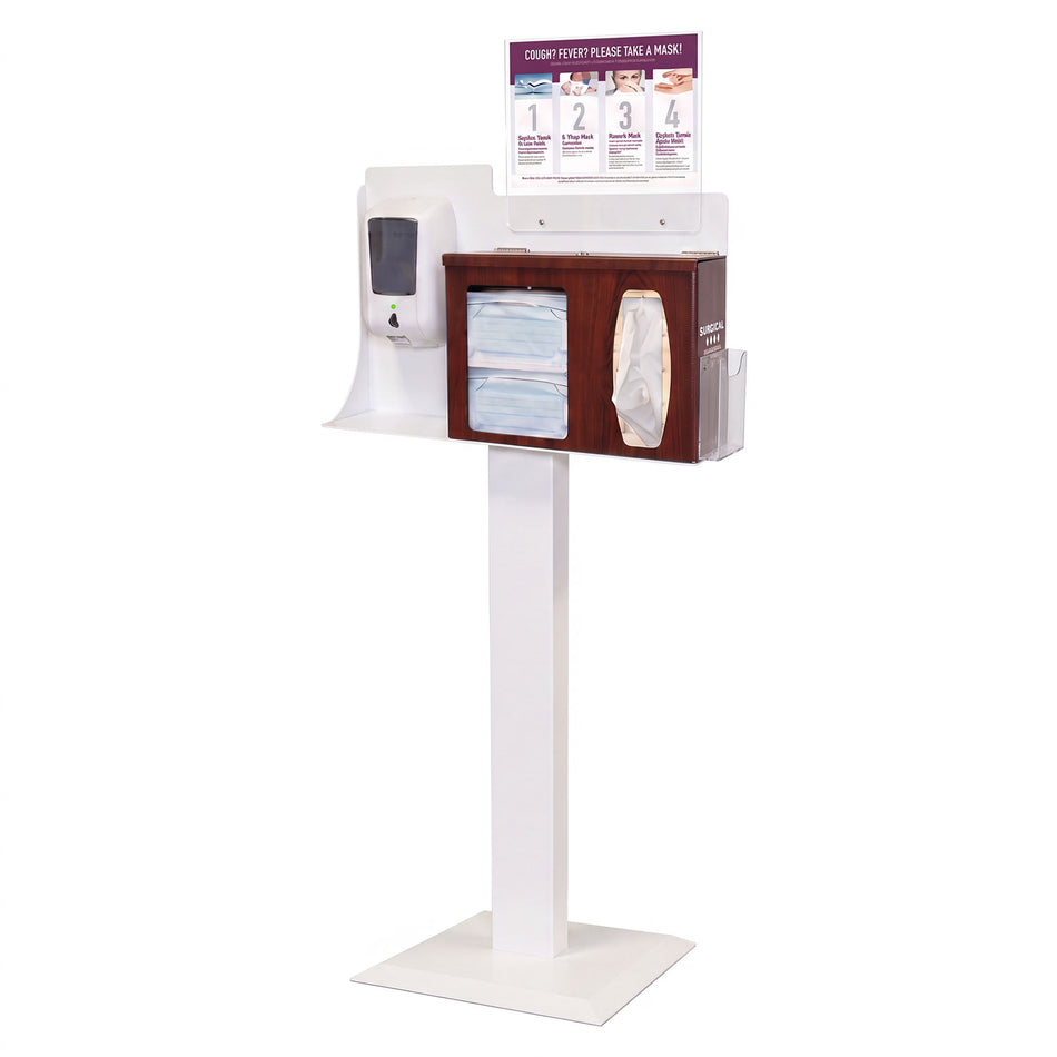 Floor Stand Dispenser: Earloop face covers, Facial tissue, and Hand Sanitizer