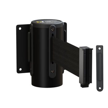 Fixed Wall Mount Retractable Belt Barrier with Fixed Belt End, Black Steel Case, 14 ft or 16 ft Belt - Montour Line WM215