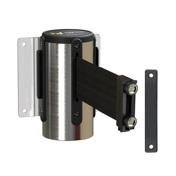 Fixed Wall Mount Retractable Belt Barrier with Magnetic Belt End, Polished Stainless Steel Case, 14 ft or 16 ft Belt - Montour Line WM215