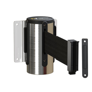 Fixed Wall Mount Retractable Belt Barrier with Fixed Belt End, Polished Stainless Steel Steel Case, 14 ft or 16 ft Belt - Montour Line WM215