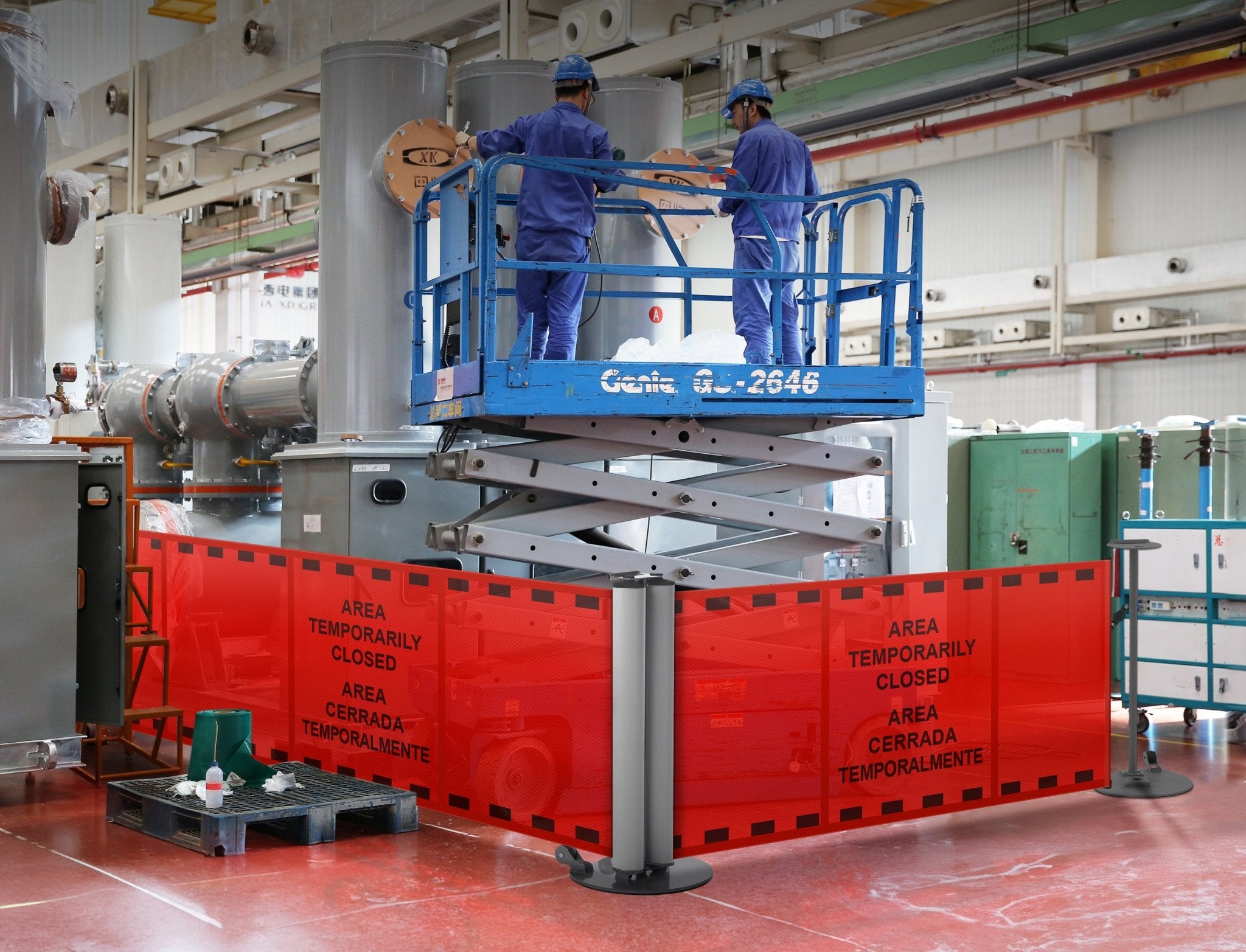 Bilingual Area Temporarily Closed Dual Mobile Stanchion - Crowd Control Warehouse