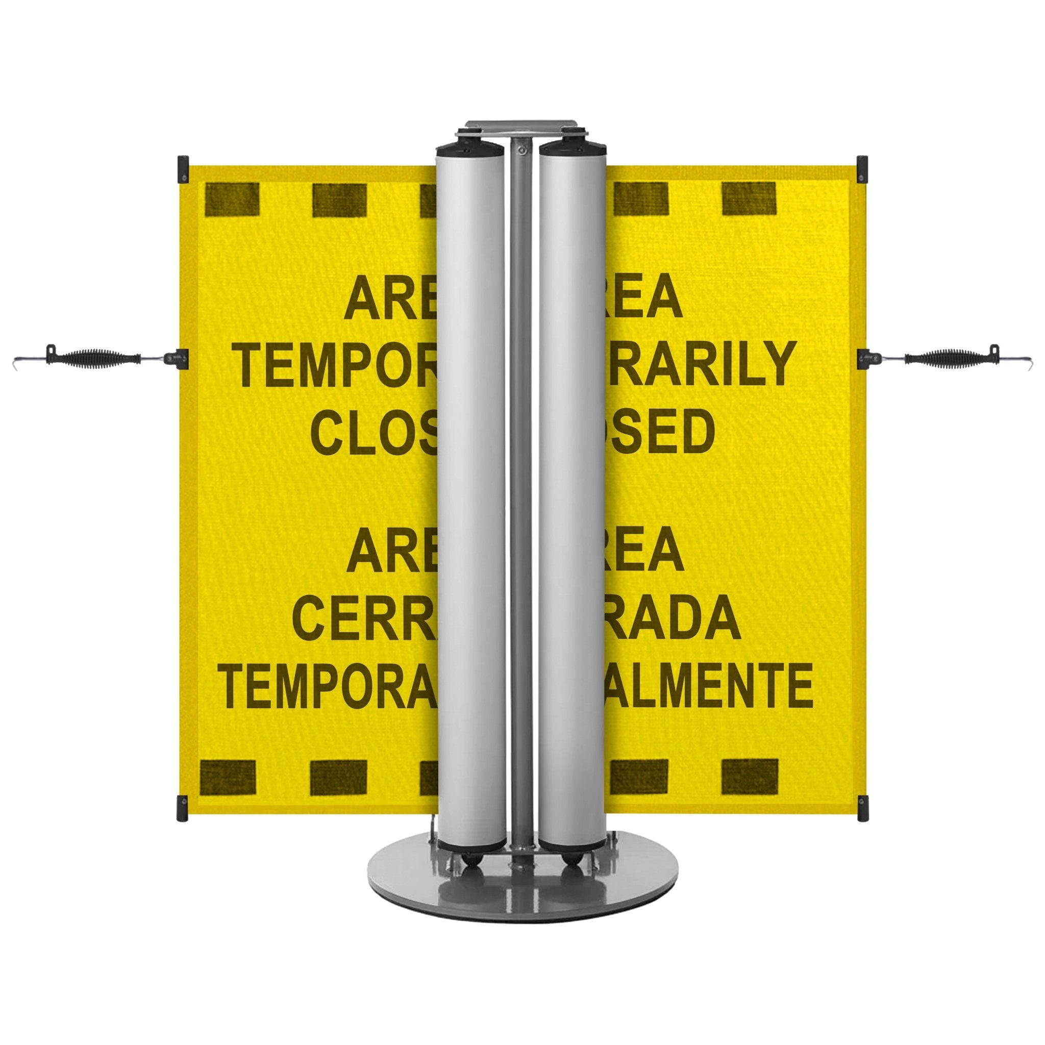 Bilingual Area Temporarily Closed Dual Mobile Stanchion - Crowd Control Warehouse