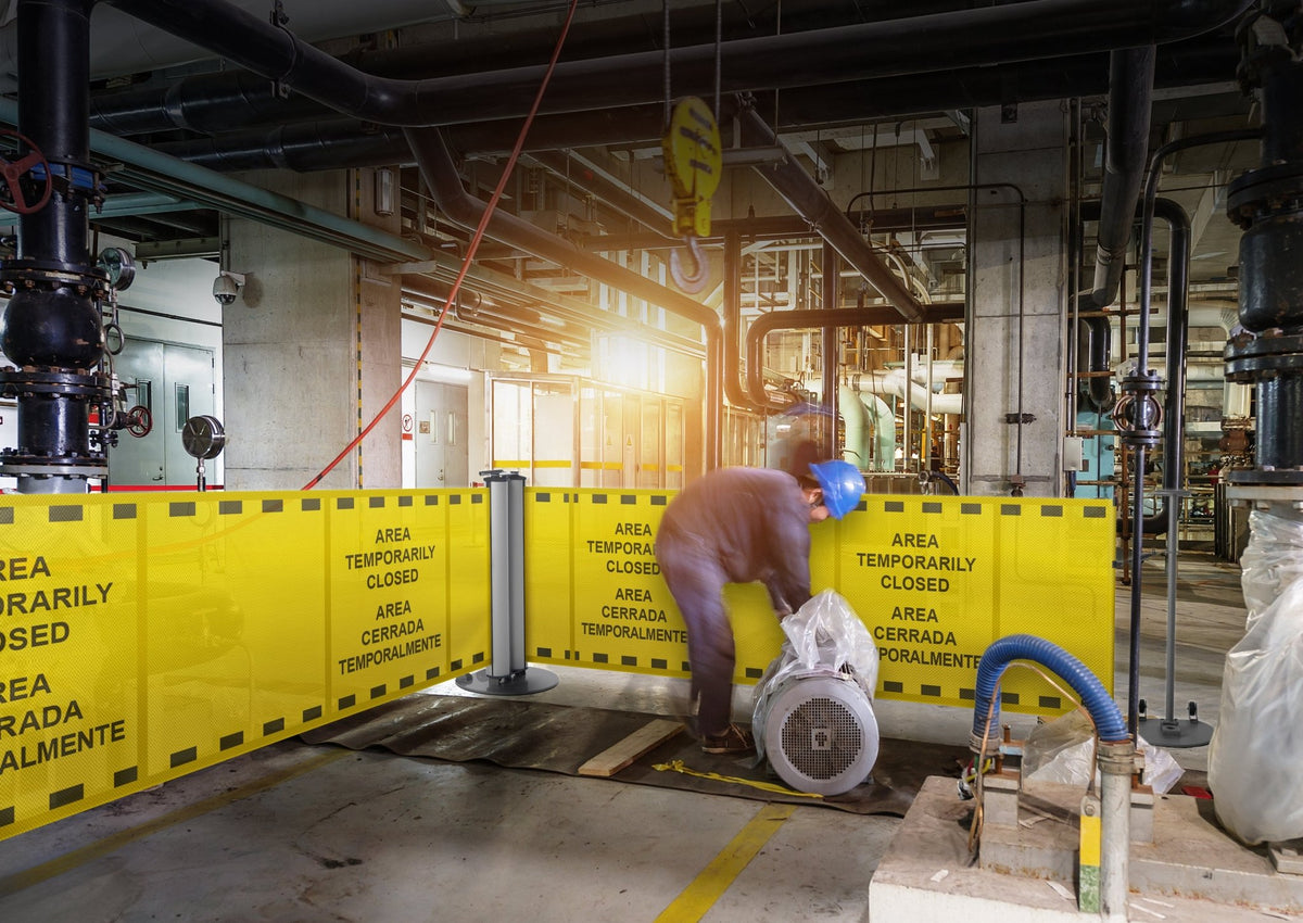 Bilingual Area Temporarily Closed Dual Mobile Stanchion - Crowd Control Warehouse