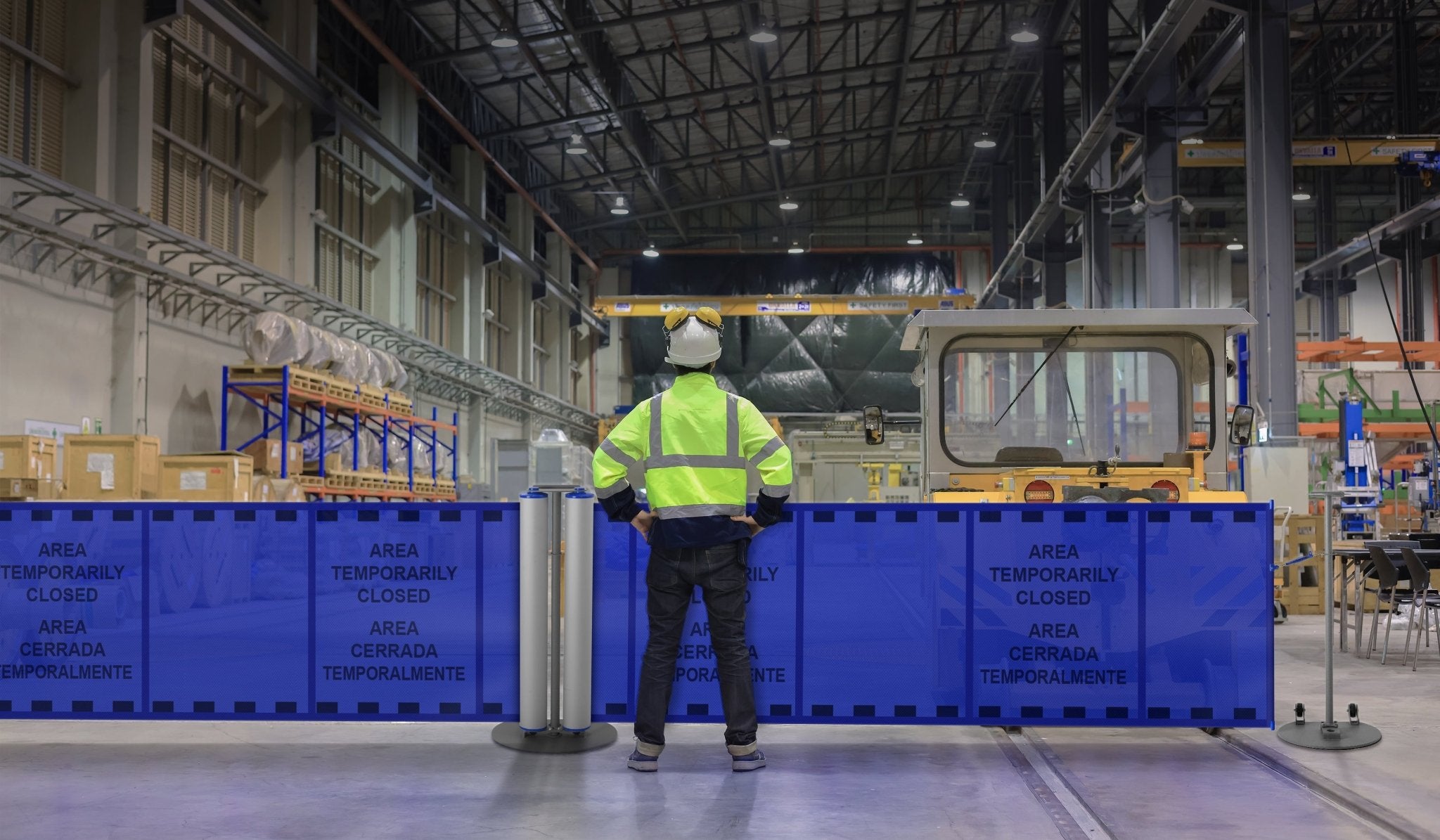 Bilingual Area Temporarily Closed Dual Mobile Stanchion - Crowd Control Warehouse