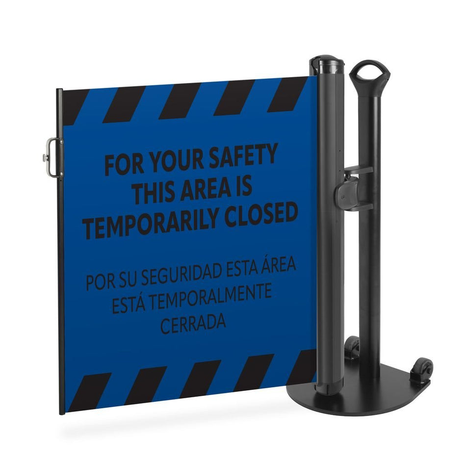 Bilingual “Area Temporarily Closed” Mobile Retractable Safety Barrier - Crowd Control Warehouse