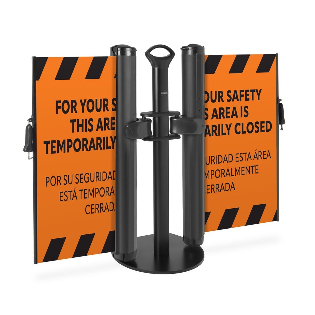 Bilingual “Area Temporarily Closed” Mobile Retractable Safety Barrier - Crowd Control Warehouse