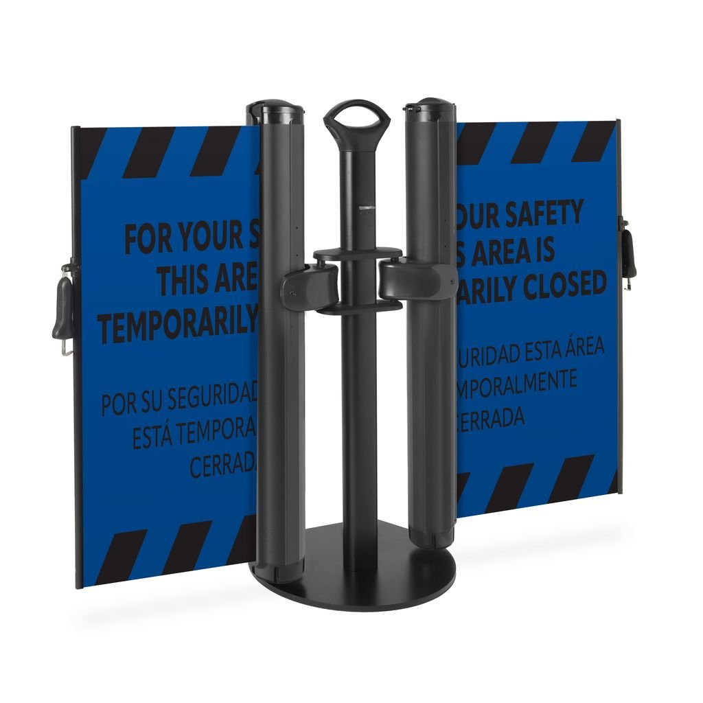 Bilingual “Area Temporarily Closed” Mobile Retractable Safety Barrier - Crowd Control Warehouse