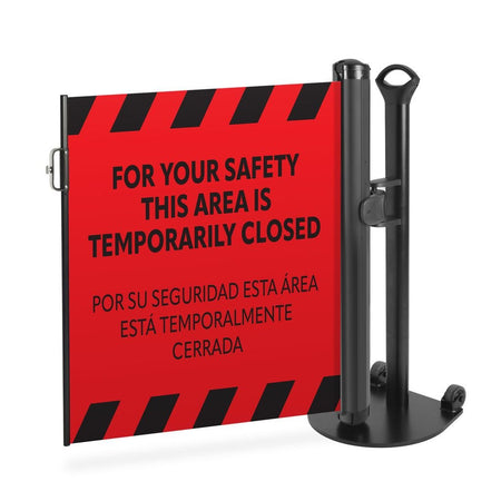 Bilingual “Area Temporarily Closed” Mobile Retractable Safety Barrier - Crowd Control Warehouse