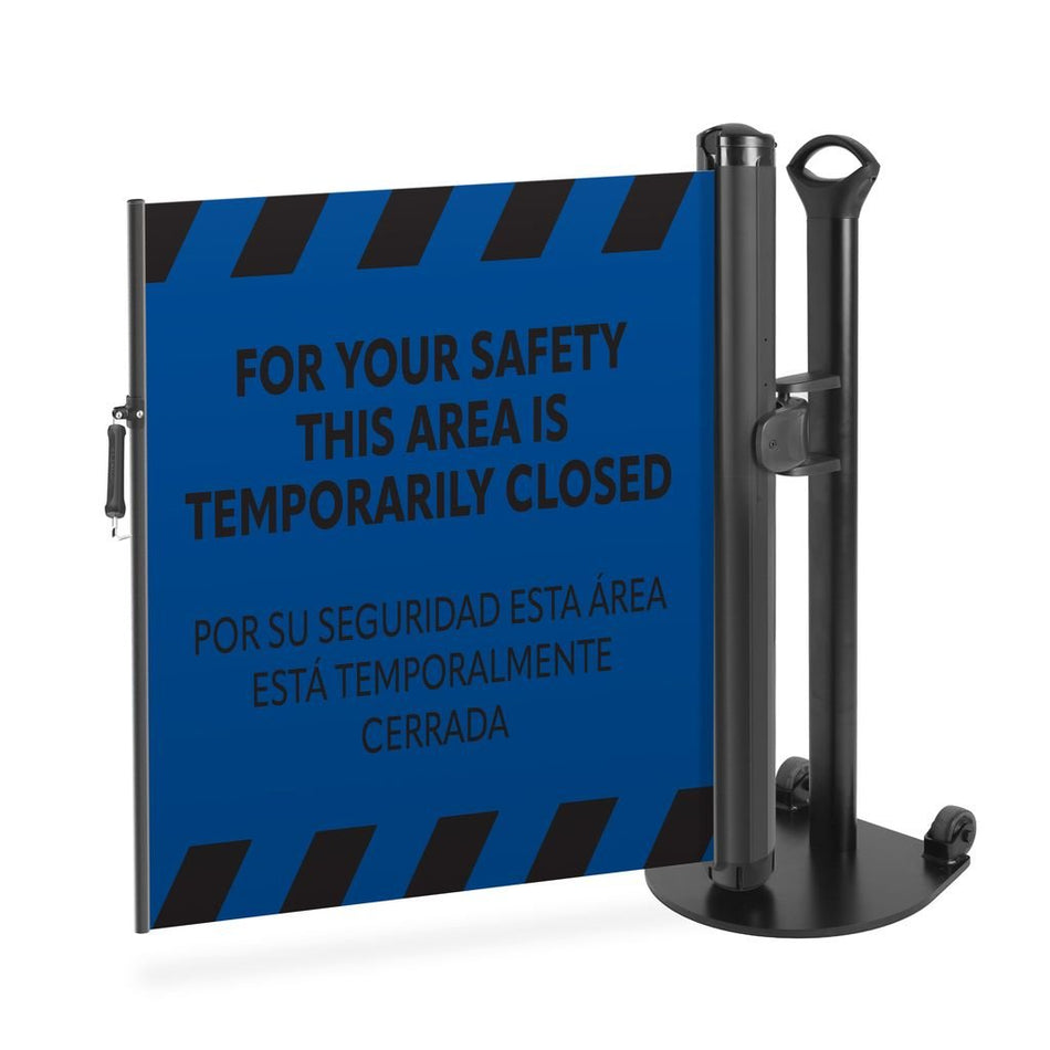 Bilingual “Area Temporarily Closed” Mobile Retractable Safety Barrier - Crowd Control Warehouse