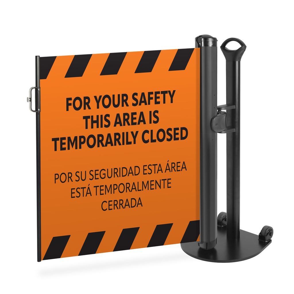 Bilingual “Area Temporarily Closed” Mobile Retractable Safety Barrier - Crowd Control Warehouse