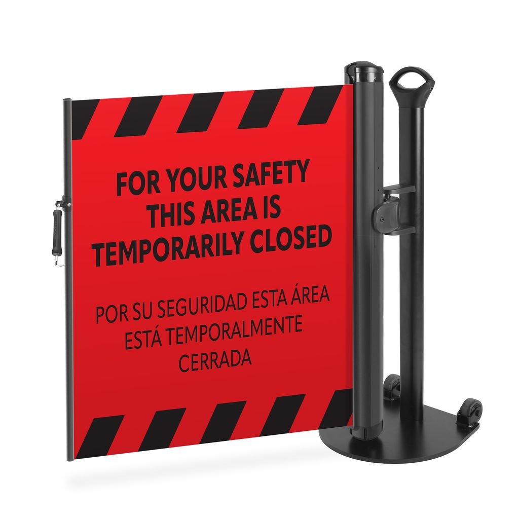 Bilingual “Area Temporarily Closed” Mobile Retractable Safety Barrier - Crowd Control Warehouse