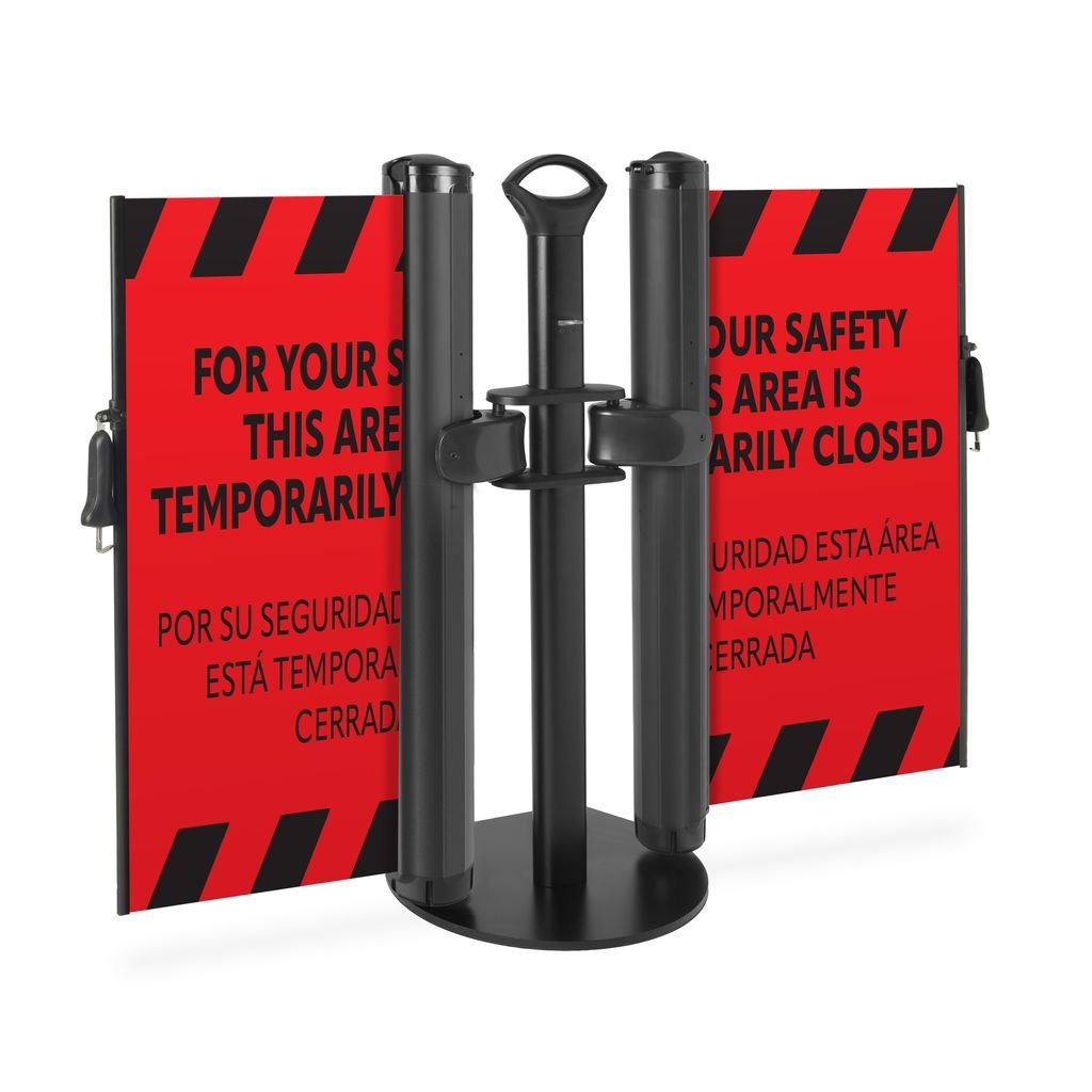 Bilingual “Area Temporarily Closed” Mobile Retractable Safety Barrier - Crowd Control Warehouse