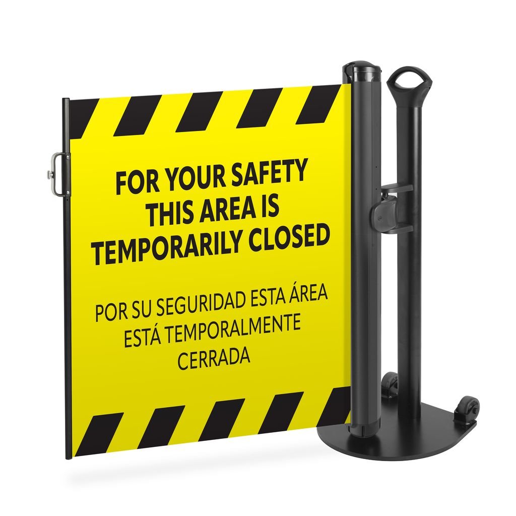 Bilingual “Area Temporarily Closed” Mobile Retractable Safety Barrier - Crowd Control Warehouse