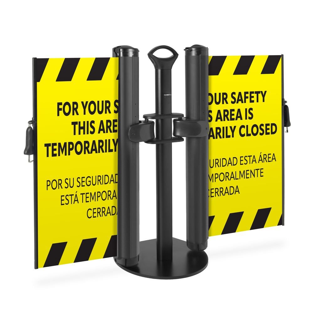 Bilingual “Area Temporarily Closed” Mobile Retractable Safety Barrier - Crowd Control Warehouse