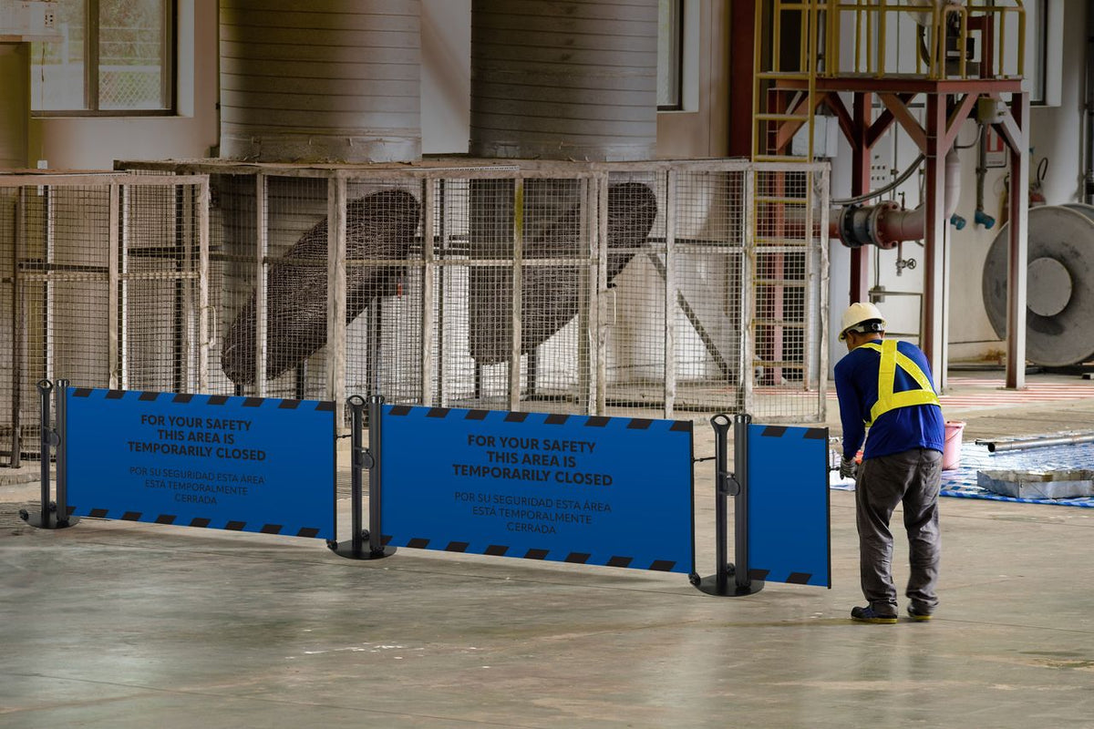 Bilingual “Area Temporarily Closed” Mobile Retractable Safety Barrier - Crowd Control Warehouse