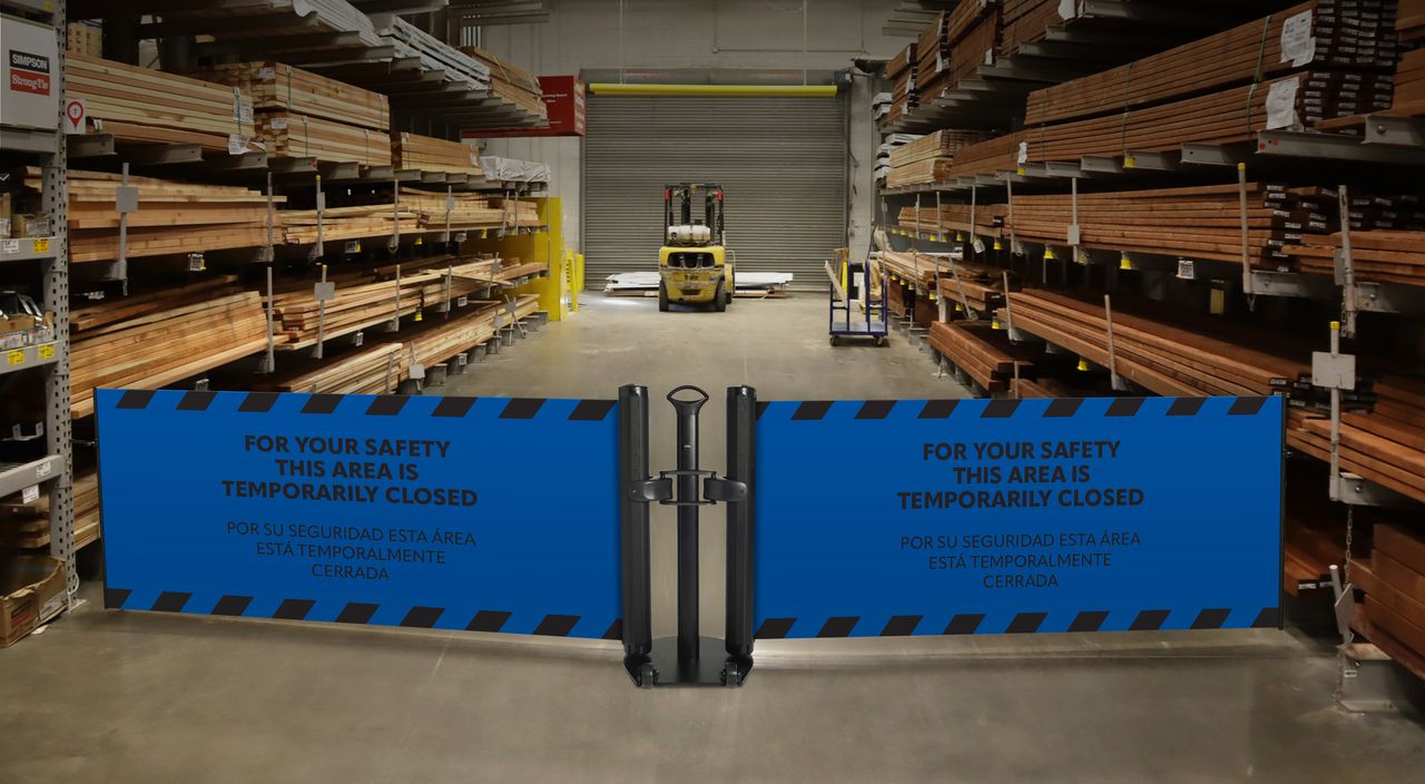 Bilingual “Area Temporarily Closed” Mobile Retractable Safety Barrier - Crowd Control Warehouse