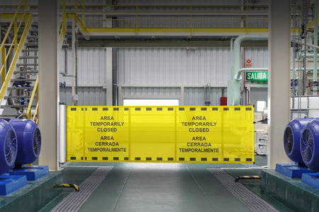 Bilingual Area Temporarily Closed Mounted Barrier - Crowd Control Warehouse