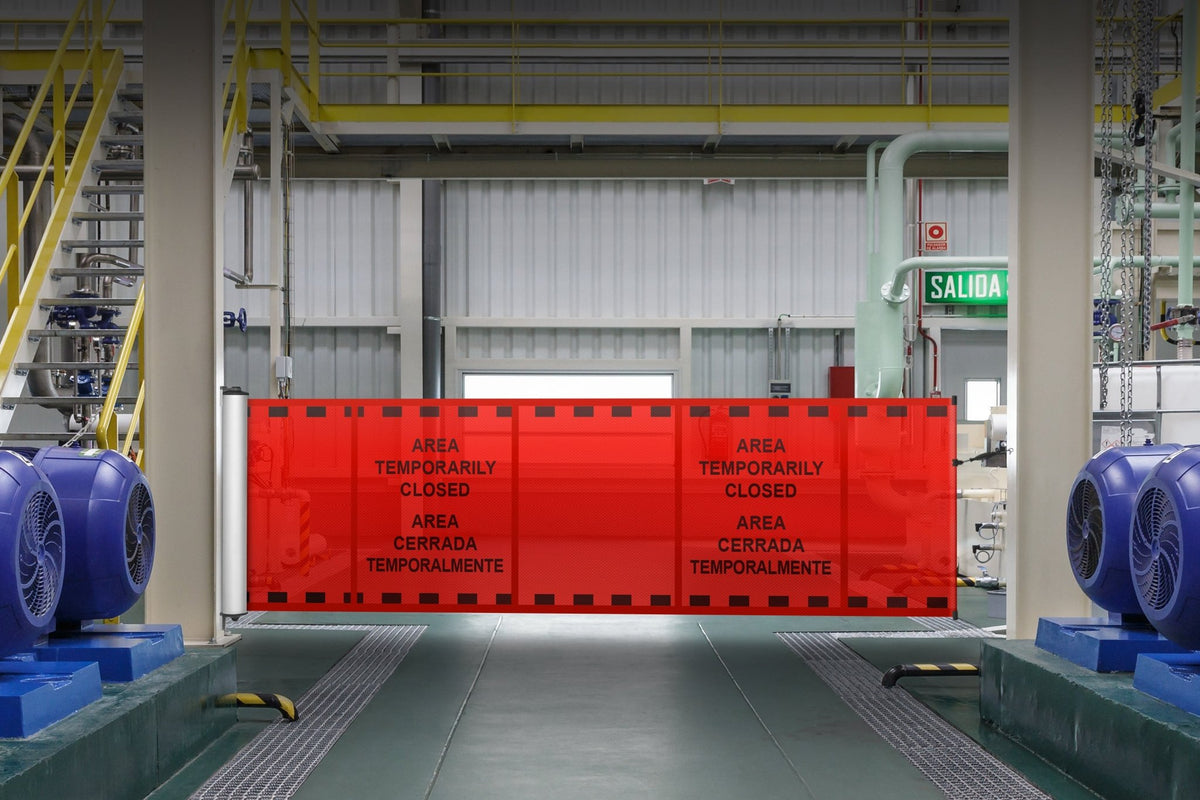 Bilingual Area Temporarily Closed Mounted Barrier - Crowd Control Warehouse